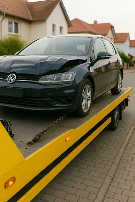 Ein defektes Fahrzeug wird in Leipzig zum Autoankauf abgeschleppt.